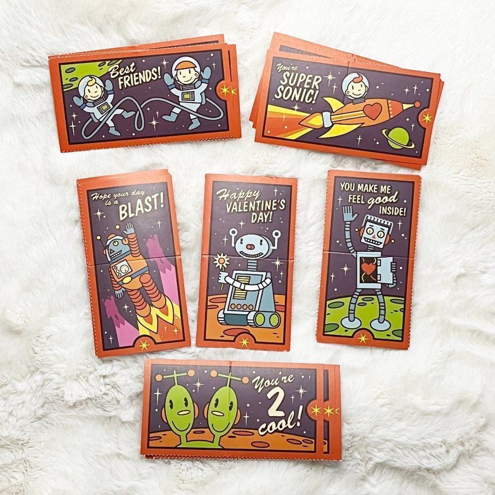 🔮 5/$25 Vintage Y2K Space, Robot & Alien‎ Themed Valentine Cards & Stickers